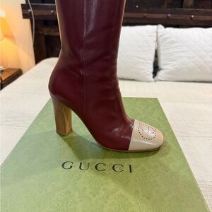 Gucci Women's Burgundy and Beige Heeled Boots